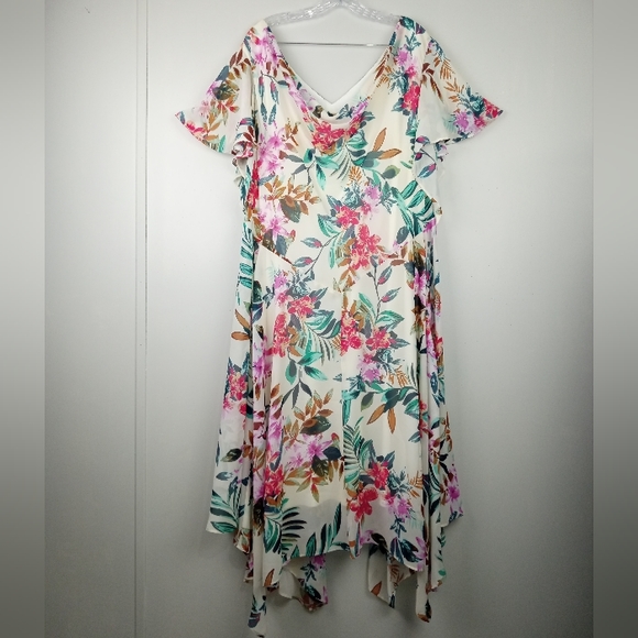 NWOT Signature by Robbie Bee Cowl Neck Floral Chiffon Handkerchief Dress Sz. 24W - Picture 3 of 14